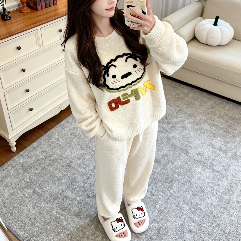 宅家日系加厚睡衣少女半边绒保暖休闲冬季卡通宿舍家居服长袖套装