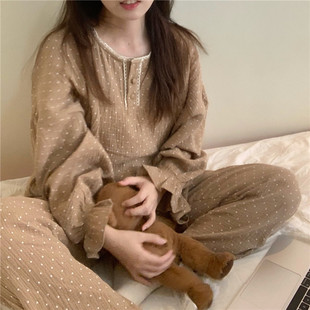 少女感 奶呼呼的全棉双层纱长袖长裤睡衣波点婴儿纱家居服两件套