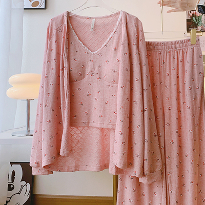 少女小碎花带胸垫开衫三件套睡衣