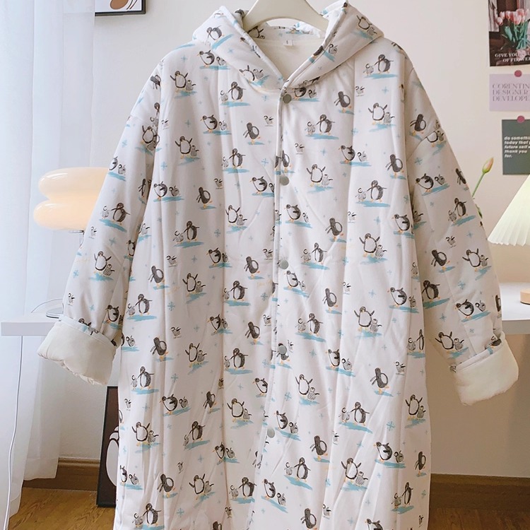 秋冬可爱加厚中长款连帽棉服睡袍