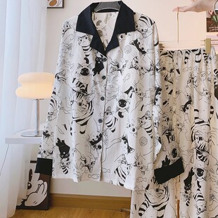 复古猫咪印花带胸垫宽松长袖开衫长裤文艺范家居服睡衣两件套装