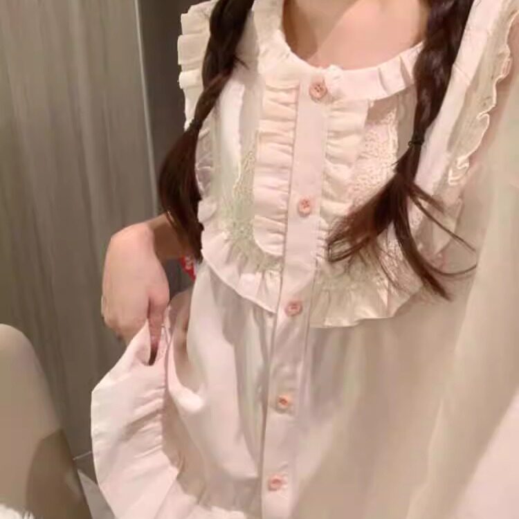 夏季公主风甜美花边粉色睡衣套装