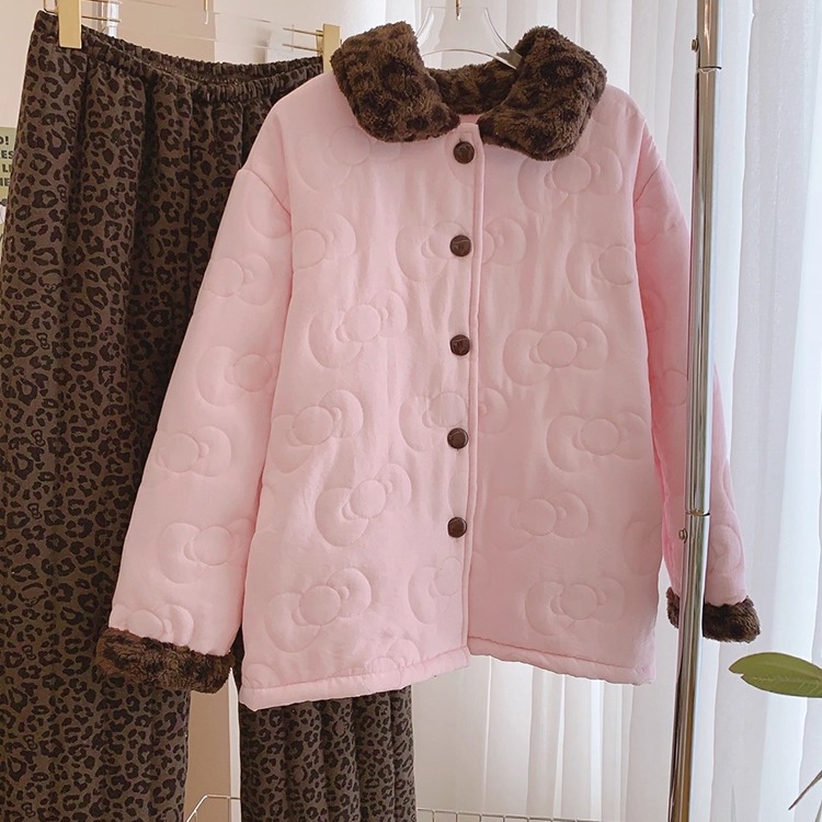 秋冬甜美加厚加绒蝴蝶结棉服睡衣