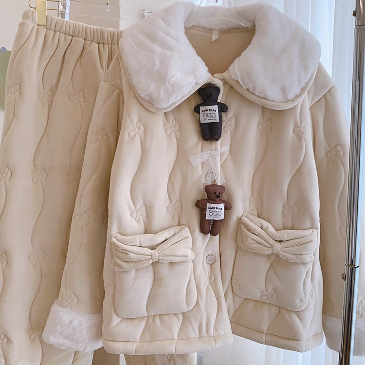 卡通可爱加厚加绒三层夹棉睡衣女