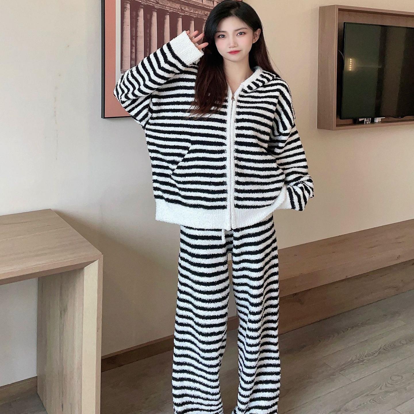 韩版半边绒睡衣女秋冬季新款