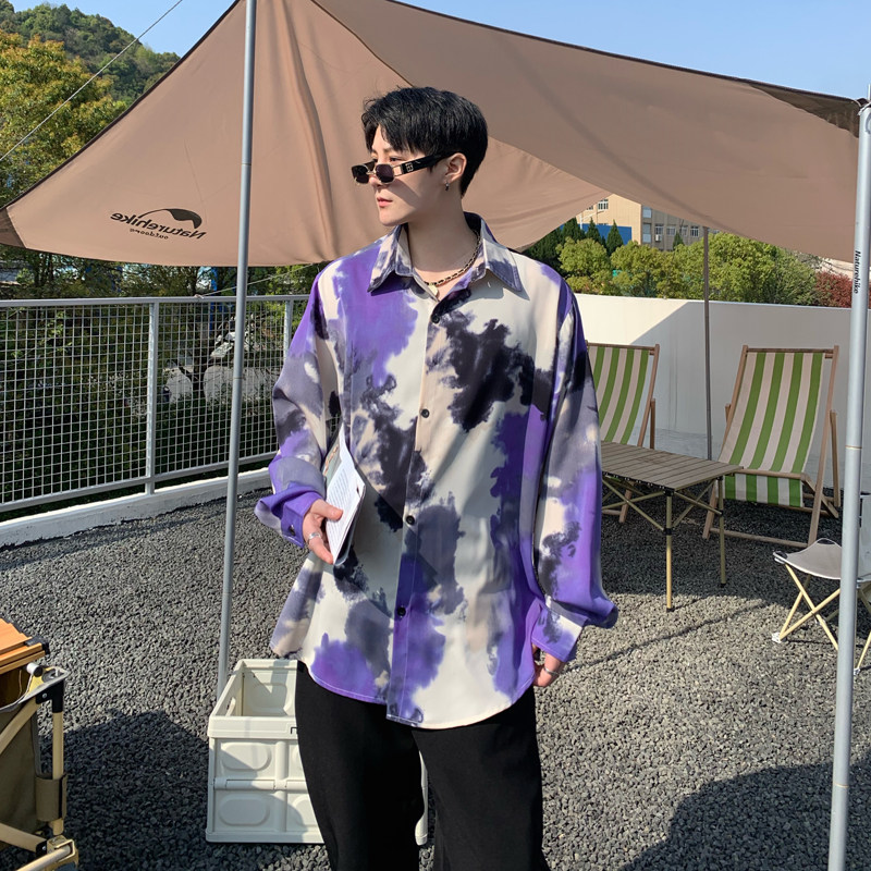 紫色涂鸦个性印花长袖宽松衬衫潮男发型师春夏季垂感休闲花衬衣薄
