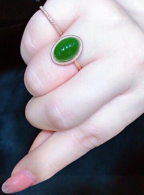 天然和田玉碧玉18k玫瑰金碧玉戒指18k金钻镶玉戒指金镶玉戒指女戒