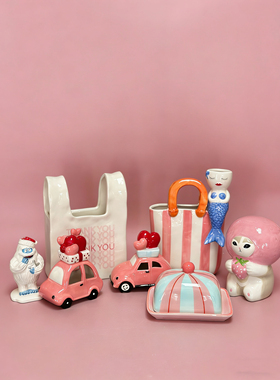 外贸孤品 可爱手提篮陶瓷花瓶 置物桶 店铺会所家居样板房装饰品