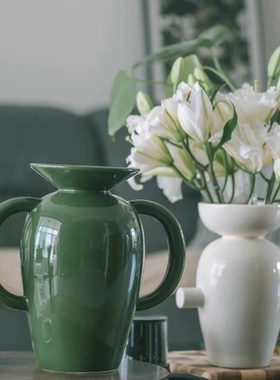 出口韩国品牌 几何复古大双耳陶瓷花瓶装饰摆件北欧设计师款花器