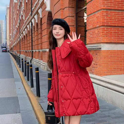 90白鸭绒大码女装甜美大翻领系带收腰羽绒服女冬装新款微胖mm外套