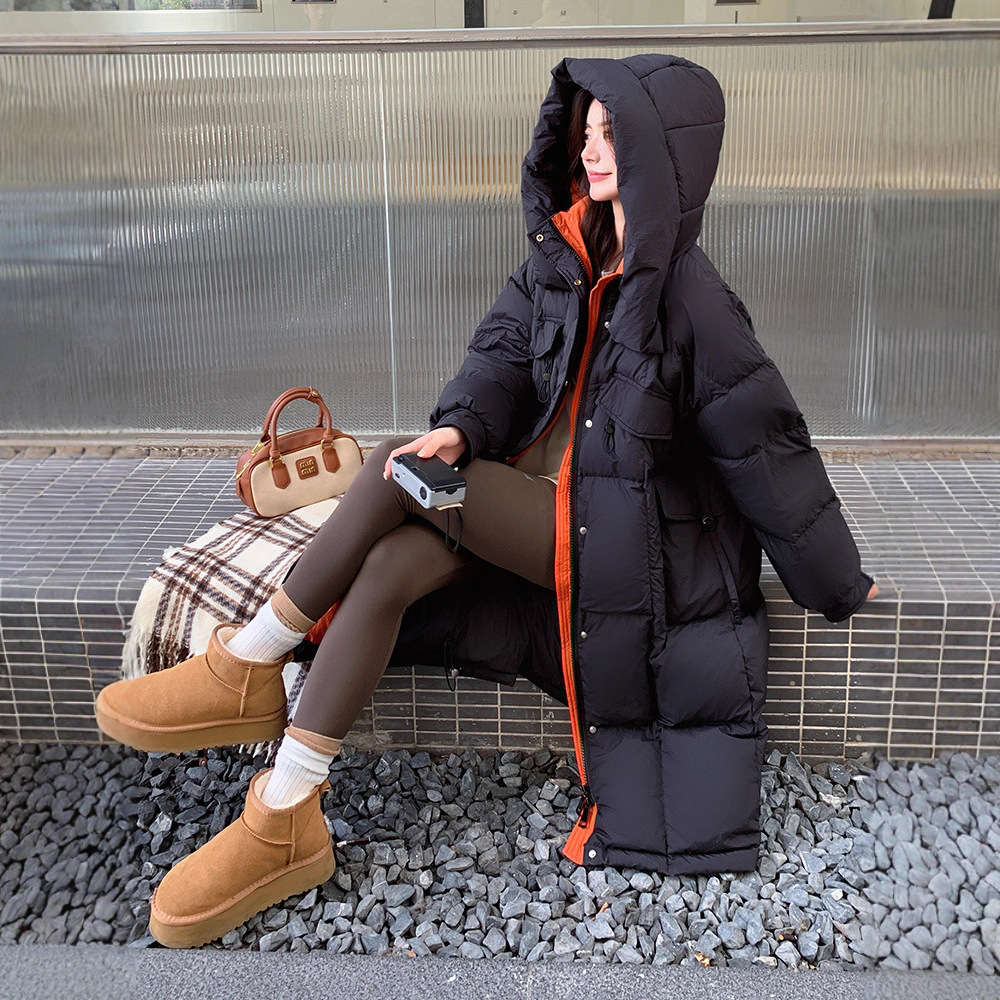 2025新款特大码300斤加肥加大连帽长款冬季宽松胖MM撞色羽绒服226