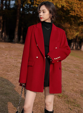 高级感大码女装毛呢羽绒西装外套女韩版胖mm200红色加厚西服AA066