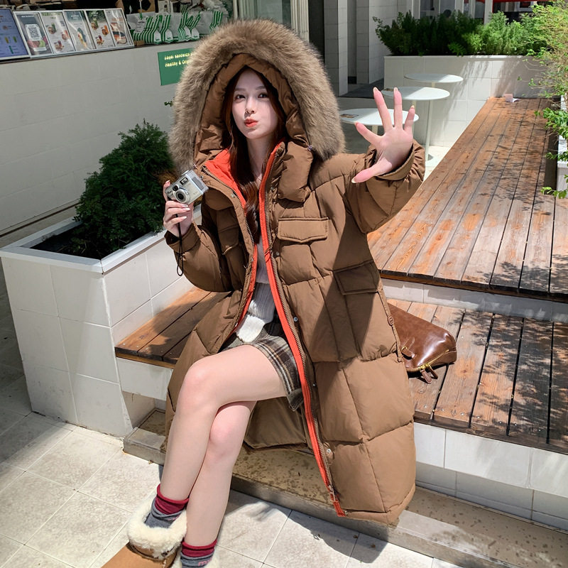 2026冬季新品撞色胖MM加肥加大码加厚长款连帽貉子毛领羽绒服237