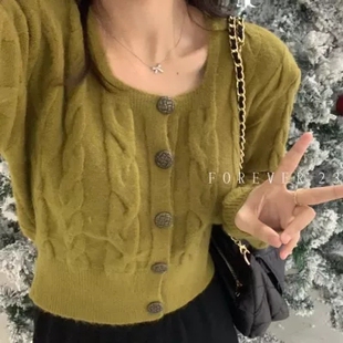 韩风chic2025春季新款复古纽扣方领毛衣短款开衫女麻花小众新款