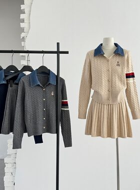 韩系学院风时尚套装刺绣拼接牛仔假两件针织两件套秋季显瘦百褶裙
