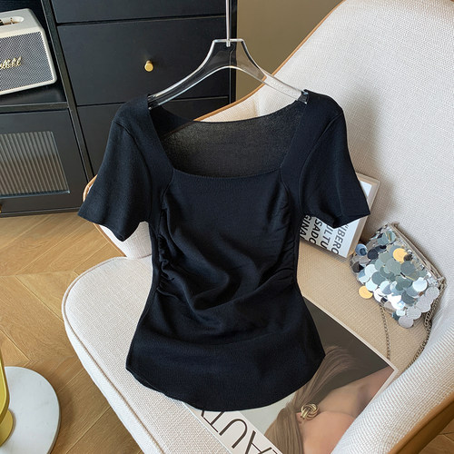 CloudSweet白云甜夏日方糖 羊毛方领正肩针织短袖t恤女夏上衣