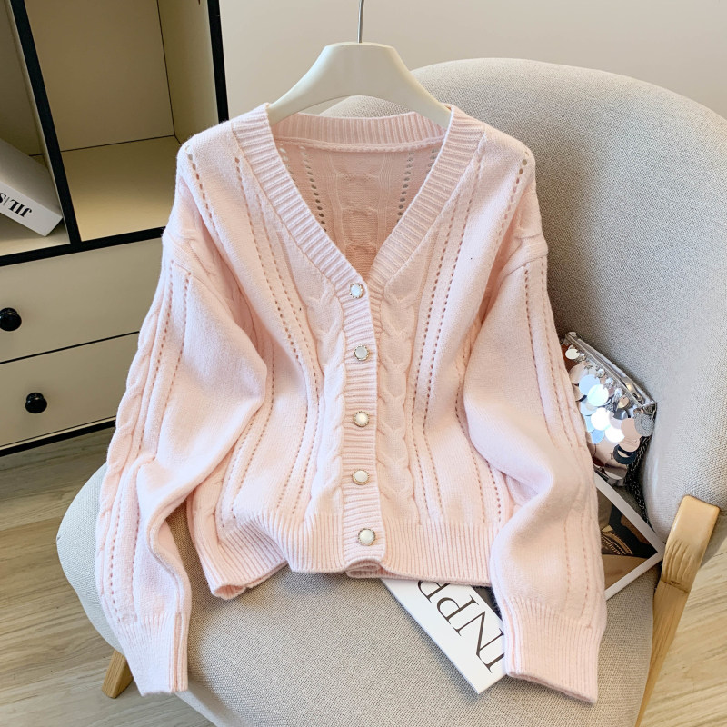 2026春款Lukira柔柔心动粉色麻花毛衣开衫外套女宽松慵懒针织上衣