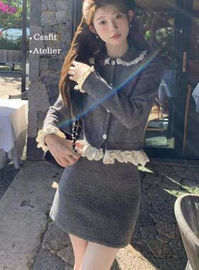 迟伞伞23/fw sst系少女感 可拆卸重工手工钩花羊毛针织衫短裙套装