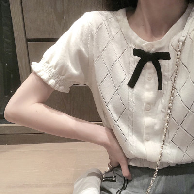 MOMENTHOME乖巧可爱蝴蝶结短款上衣夏季透气凉感木耳边针织短袖女图片