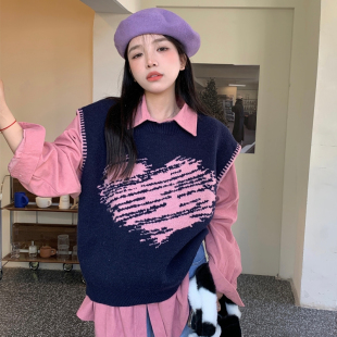 韩版慵懒风女秋冬爱心季叠穿毛衣坎肩背心外穿百搭学生风