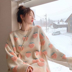 爱丸丸滕雨佳桃子草莓毛衣女2025秋冬新款宽松外穿加厚甜美针织衫