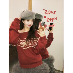 爱丸丸PlaceOrder24秋冬黑色露肩宽松针织衫女复古费尔岛雪花毛衣