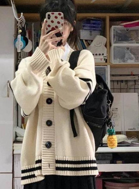 韩版学院风开衫毛衣女秋冬新款设计感日系小众学生v领针织衫外套