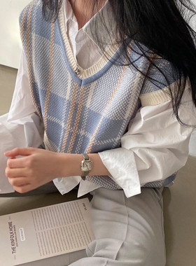爱丸丸港风复古格子毛衣马甲背心女秋冬新款宽松套头针织衫上衣