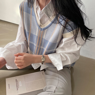 爱丸丸港风复古格子毛衣马甲背心女秋冬新款宽松套头针织衫上衣
