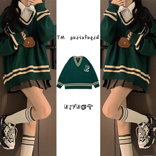 韩版宽松V领学院撞色条百搭针织套头毛衣上衣女