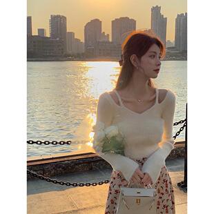 范智乔 仿貂毛露肩毛衣女早秋冬外穿仙气修身显瘦长袖针织衫上衣