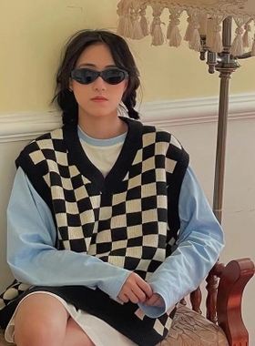 POXFFEE 棋盘格针织衫马夹女春秋学院风宽松显瘦外搭日系马甲上衣