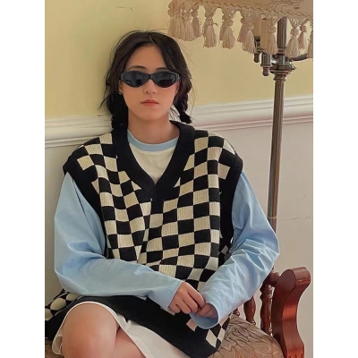 POXFFEE 棋盘格针织衫马夹女春秋学院风宽松显瘦外搭日系马甲上衣