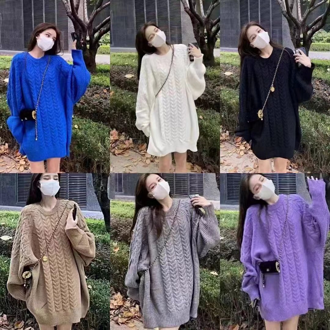 韩版慵懒风重工麻花毛衣冬季新品百搭宽松中长款针织衫上衣女