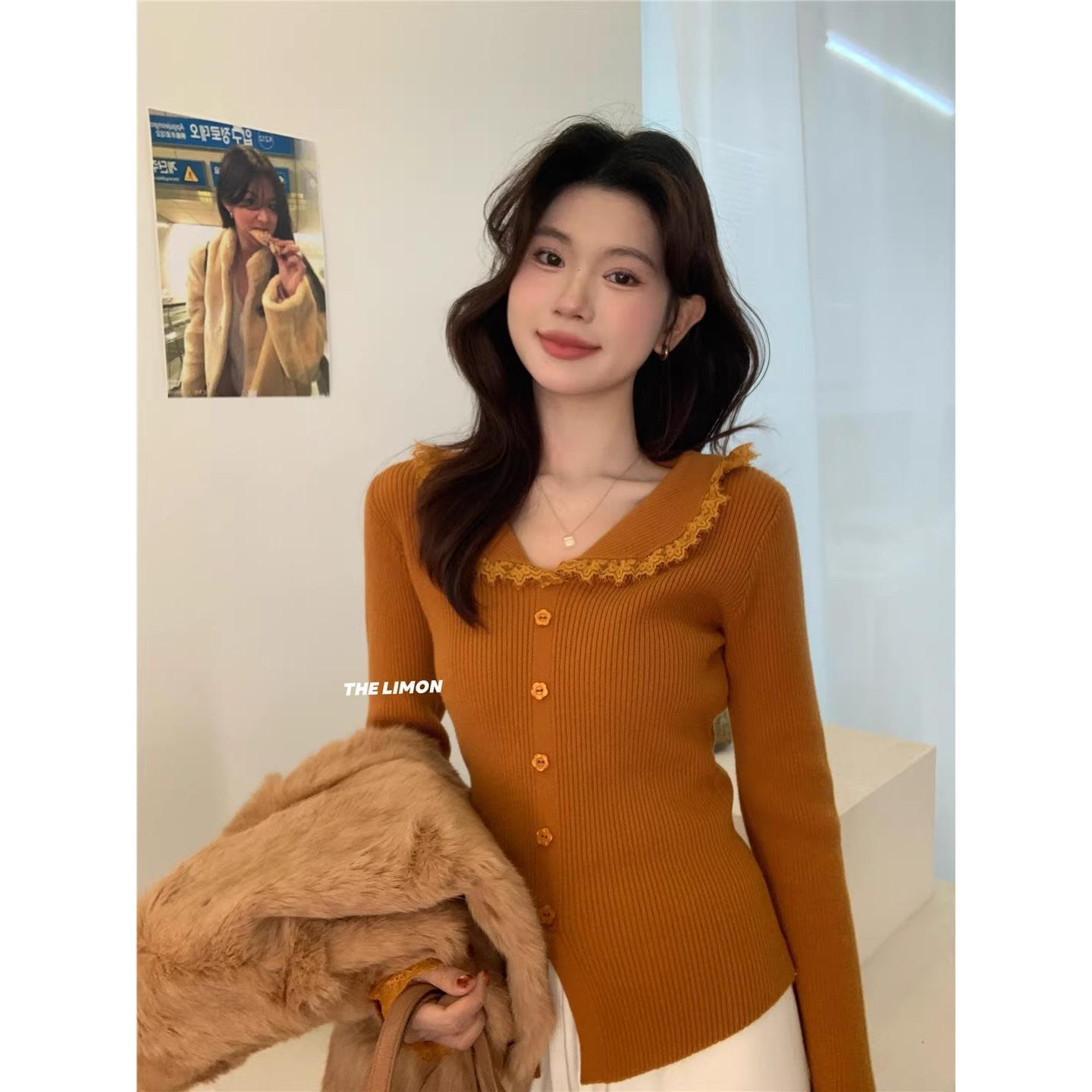 THE LIMON柠檬绿茶2025冬季法式拼蕾丝领修身气质显瘦针织衫上衣
