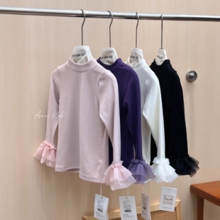 女童纯色百搭公主打底衫秋冬新款韩版网纱袖子德绒加厚中大童上衣