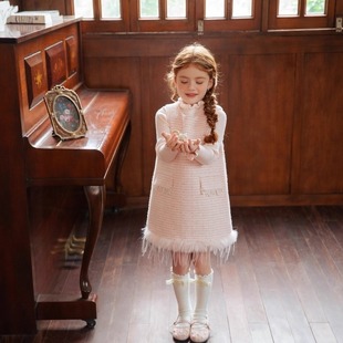 女童秋冬新款韩版毛呢小香风A字裙轻奢鸵鸟毛连衣裙宝宝背心裙