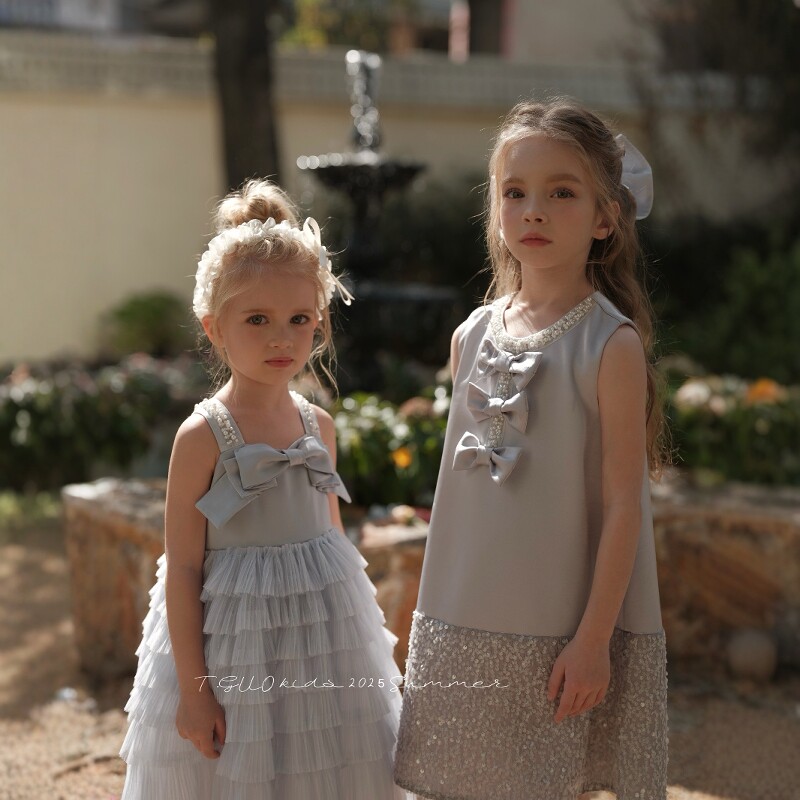 女童连衣裙夏季新款小香风亮片A字裙纯色洋气中大童蝴蝶结背心裙
