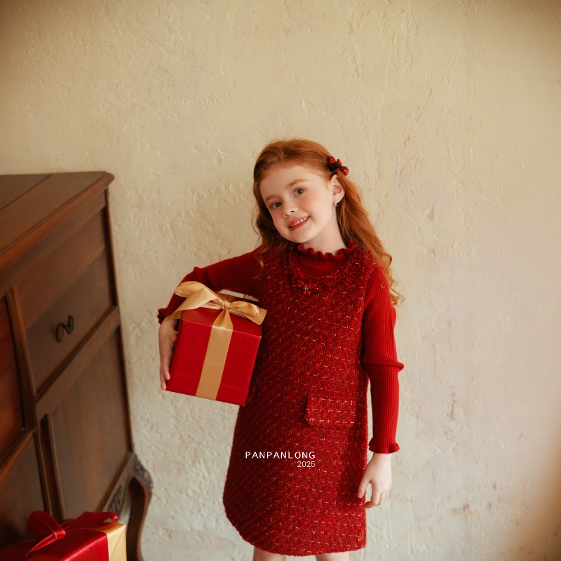 小香风红色女童针织毛呢连衣裙