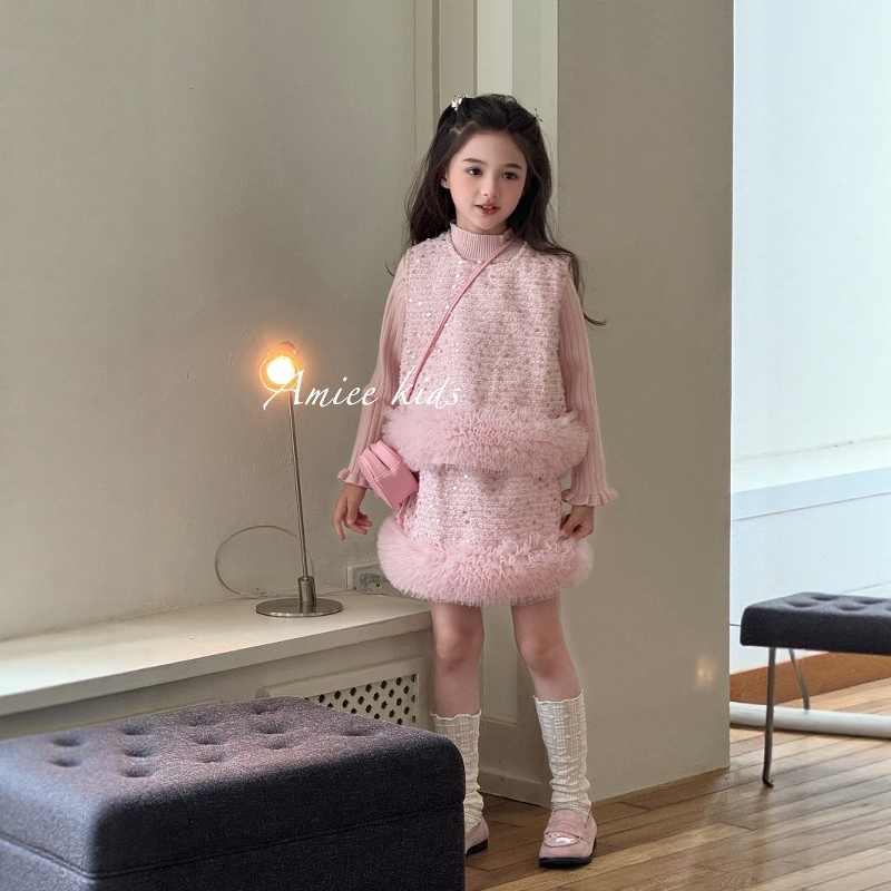 女童小香风亮片套装2025新款儿童洋气马甲外套短裙生日宝宝两件套