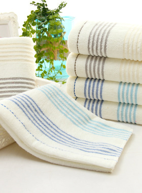 纯棉毛巾白色条赛络纺横条纹男女通用柔软洗脸回礼礼品面巾