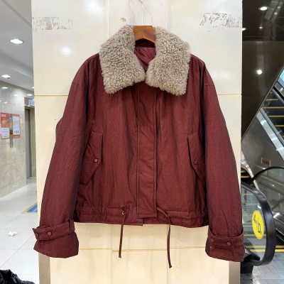 DHZ 010 可拆卸真羊羔毛大翻领下抽绳休闲轻奢短鹅绒羽绒派克服冬
