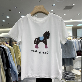 T恤上衣正品 留缘2636 重工钉珠小马圆领短袖 时尚 欧货春夏2026新款