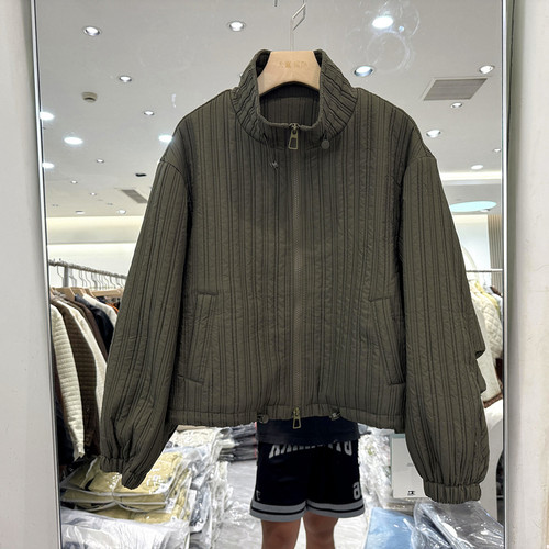 姚家铺子9836 下抽绳双拉链立领坑竖条纹休闲减龄短欧货秋装正品