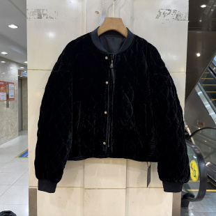 C雪儿26043 束口泡泡袖拉链棒球领菱形格休闲短装丝绒棉衣外套冬