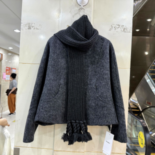 萨琪姿26079 流苏毛线围巾领休闲短装双面羊毛呢大衣外套秋冬