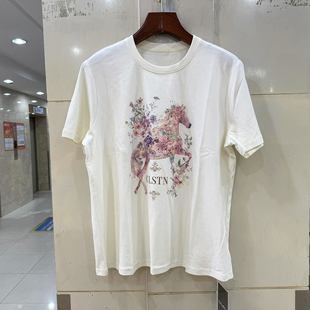 克丽丝汀娜26026 休闲T恤上衣春 重工镶钻钉珠粉色马图案圆领短袖