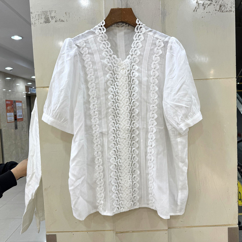 68853 门禁镂空蕾丝钩花刺绣V领短袖休闲天丝苎麻衬衫上衣欧货夏