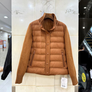 C61078 毛线针织拼接袖单排扣立领舒适A字轻薄鹅绒羽绒服短外套冬