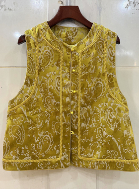 72102 蕾丝刺绣花边腰果花提花圆领单排扣国风马甲外套春装2026女